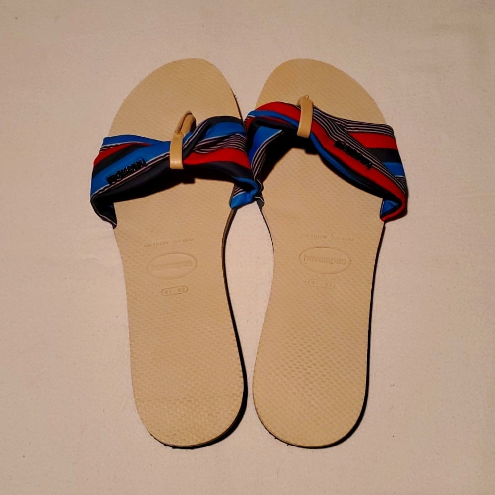 Havaianas Slim Retro Striped Fabric Bow Flip Flops Beige Red Blue Womens 11/12W